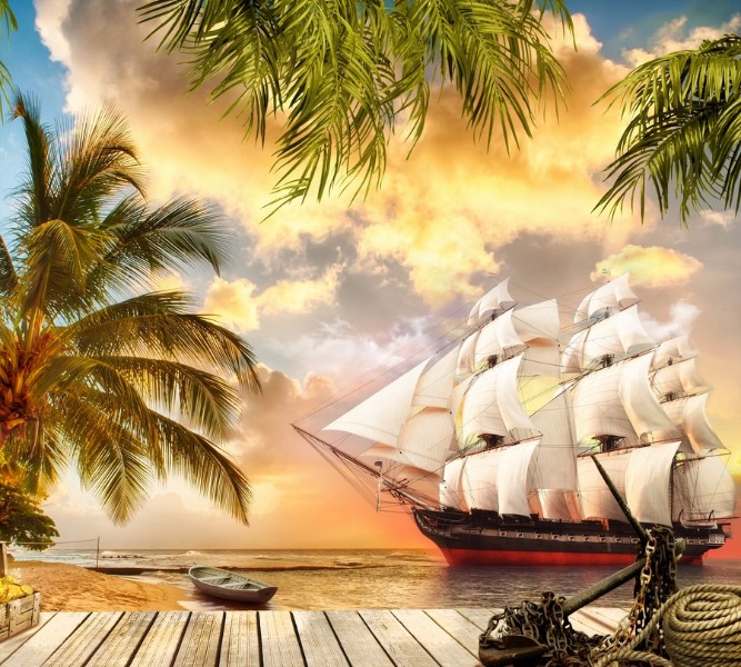 3D фотообои Фотошторы «Пиратская гавань» вид 1