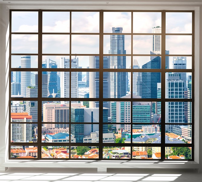 3D фотообои Фотошторы «Окна с панорамным видом на город» вид 1