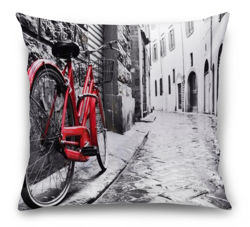 3D Подушка «Красный велосипед на черно белой улочке» вид 6