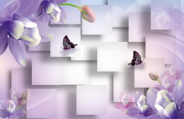 3D Ковер «Сиреневые цветы с бабочками»  