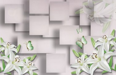 3D Ковер «Салатовые лилии на пудровом фоне» 