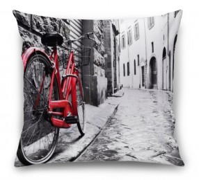 3D Подушка «Красный велосипед на черно белой улочке»