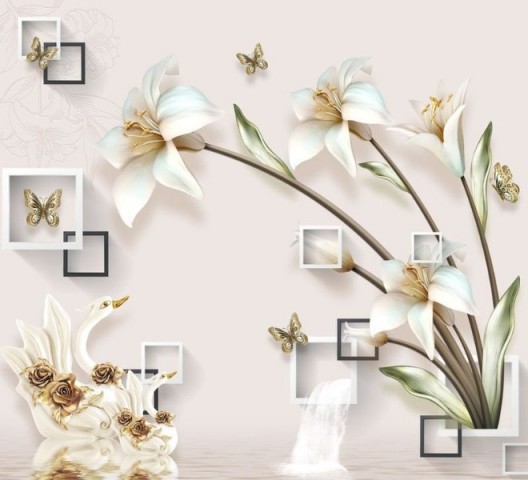 3D Подушка «Лилии с лебедями на объемном фоне» вид 2