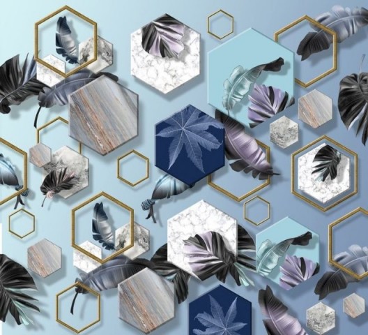 3D Подушка «Тропические листья с мраморными шестиугольниками» вид 2