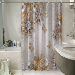 Шторы для ванной «Объемные цветы со стразами и бабочками»