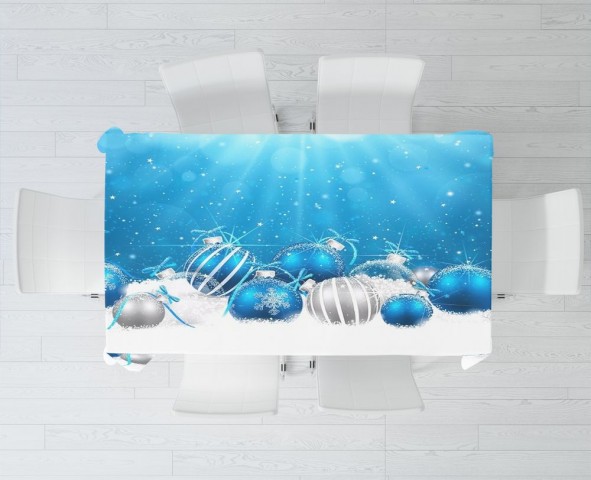 Габардиновая 3D скатерть на обеденный стол «Голубая новогодняя композиция» вид 3