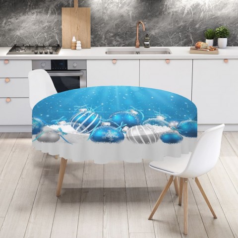 Габардиновая 3D скатерть на обеденный стол «Голубая новогодняя композиция» вид 4