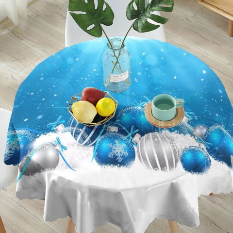 Габардиновая 3D скатерть на обеденный стол «Голубая новогодняя композиция» вид 5