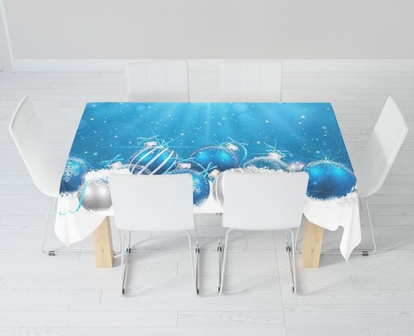 Габардиновая 3D скатерть на обеденный стол «Голубая новогодняя композиция» вид 6