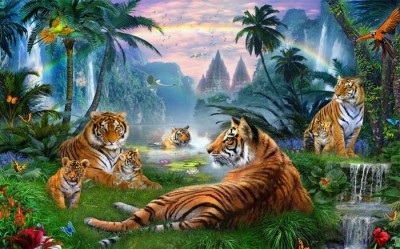 3D Фотообои «Тигры у водопадов» 3D Фотообои