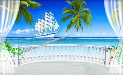 3D Фотообои  «Терраса с видом на море и пляж»  3D Фотообои