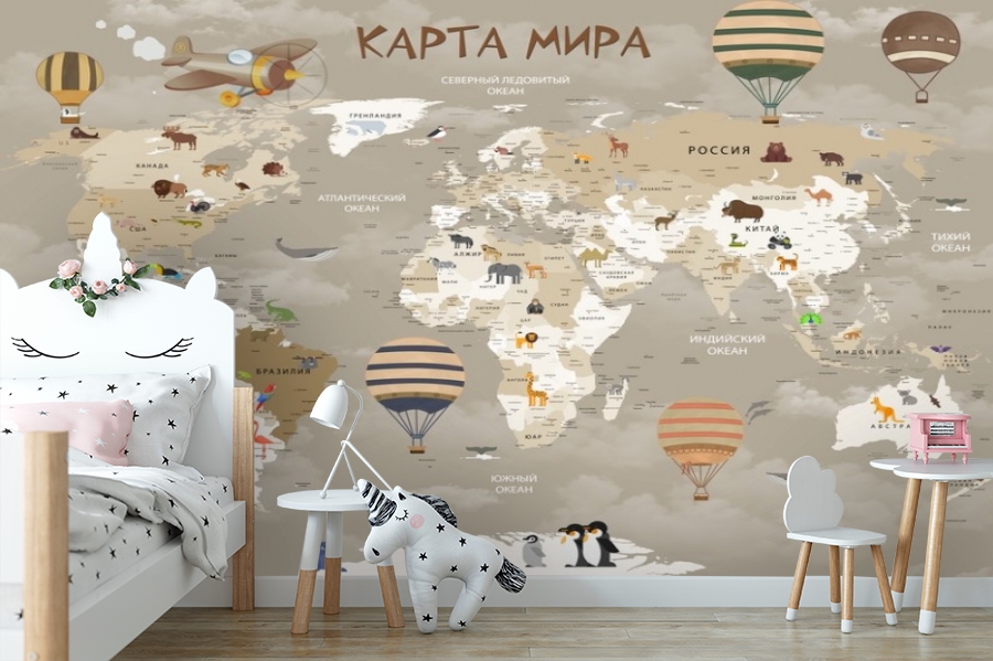 3D Фотообои «Карта мира для детской в серых тонах» вид 10