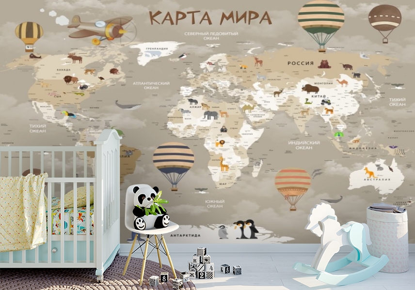 3D Фотообои «Карта мира для детской в серых тонах» вид 7