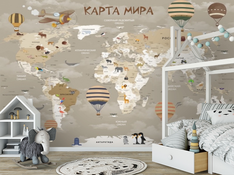 3D Фотообои «Карта мира для детской в серых тонах» вид 5