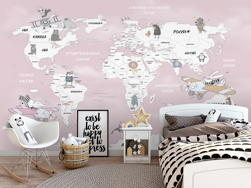 Фотообои «Весёлая карта мира в розовых тонах» вид 4