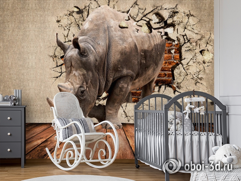 3D Фотообои «Носорог сквозь стену» вид 7