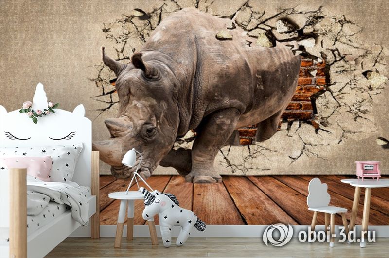 3D Фотообои «Носорог сквозь стену» вид 6