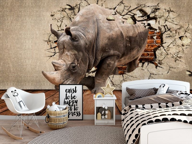 3D Фотообои «Носорог сквозь стену» вид 5