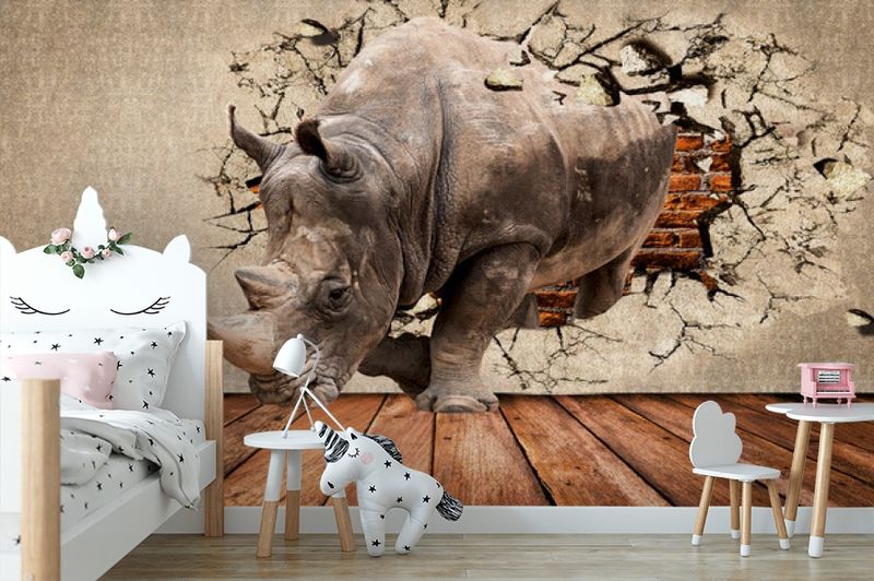 3D Фотообои «Носорог сквозь стену» вид 4