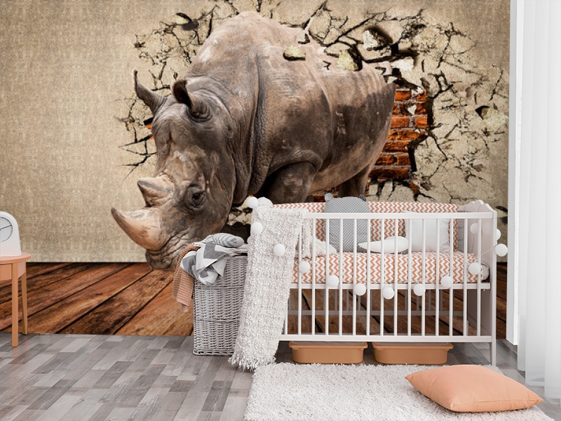 3D Фотообои «Носорог сквозь стену» вид 3