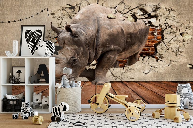 3D Фотообои «Носорог сквозь стену» вид 2