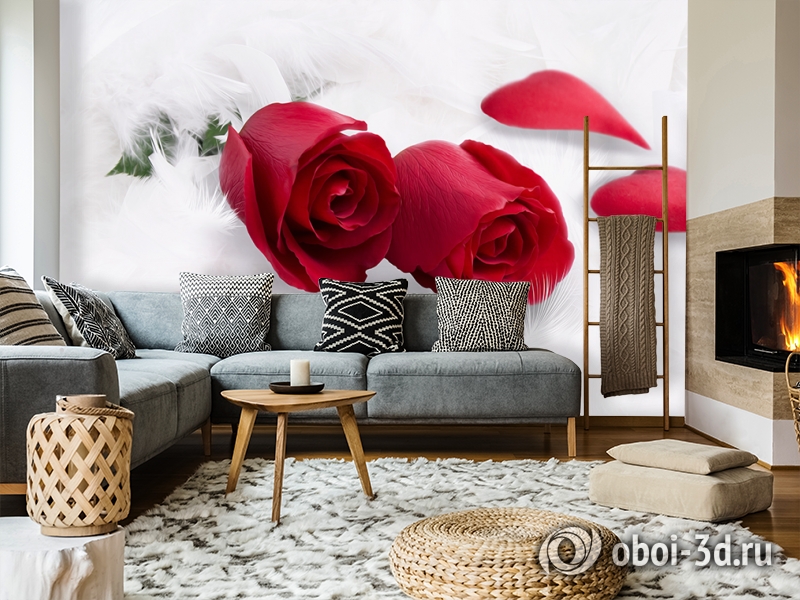 3D Фотообои  «Красные розы в перьях»  вид 7
