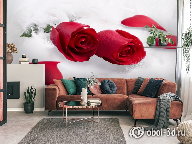 3D Фотообои  «Красные розы в перьях»  вид 4