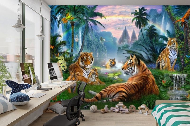 3D Фотообои «Тигры у водопадов» вид 3