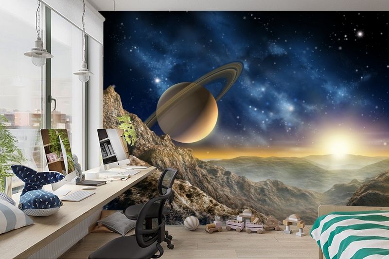 3D Фотообои «Огромный астероид с видом на сатурн» вид 3