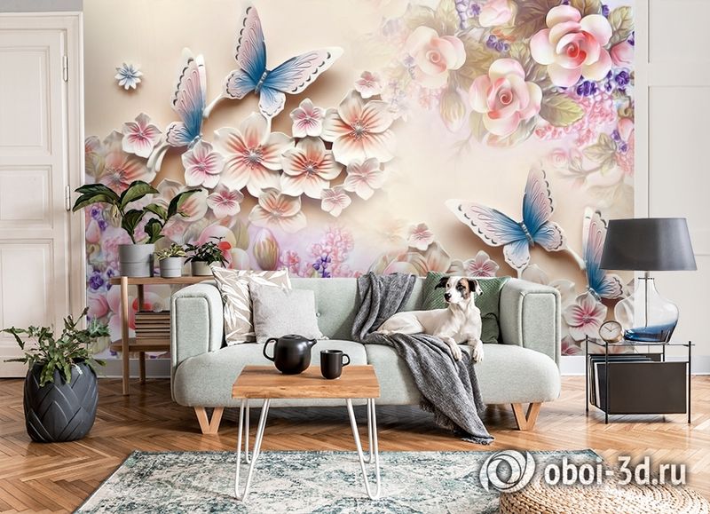 3D Фотообои «Цветочное изобилие с бабочками» вид 8