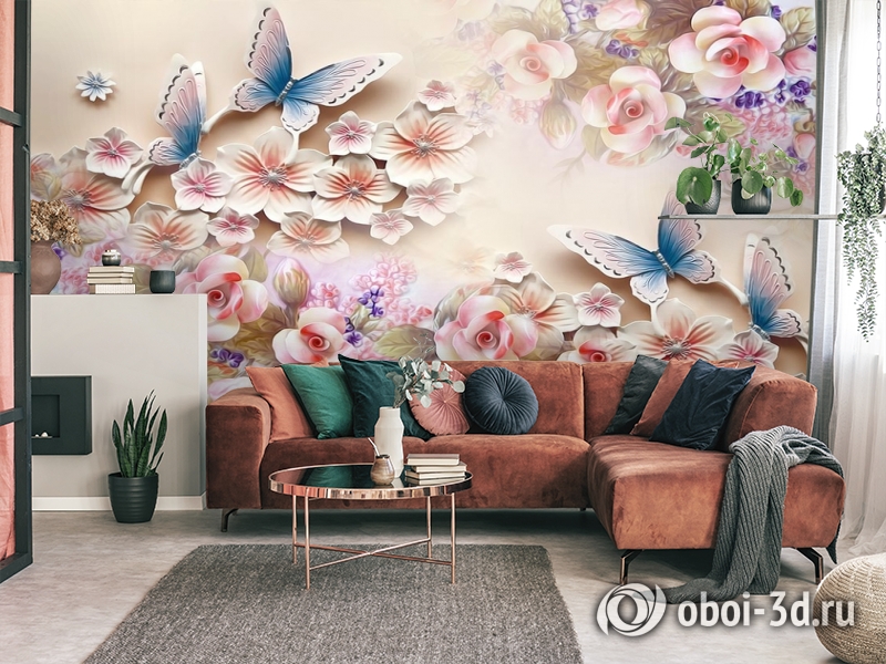 3D Фотообои «Цветочное изобилие с бабочками» вид 4