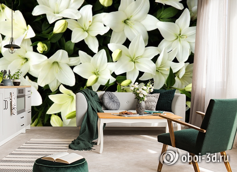 3D Фотообои «Белые лилии с бутонами» вид 7