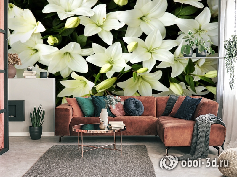 3D Фотообои «Белые лилии с бутонами» вид 3