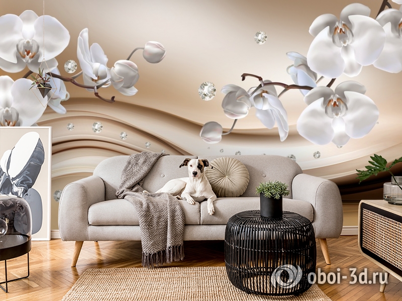 3D Фотообои «Белые орхидеи с бриллиантами» вид 5