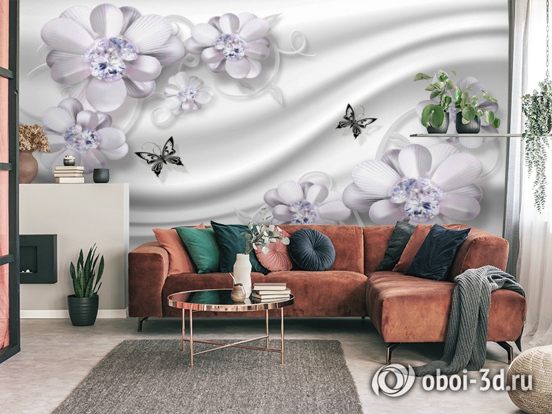 3D Фотообои «Сапфировая фантазия с цветами и бабочками» вид 4