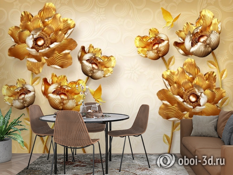 3D Фотообои «Кованые золотые цветы» вид 3