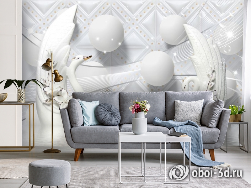 3D Фотообои «Керамические лебеди с белыми шарами» вид 4