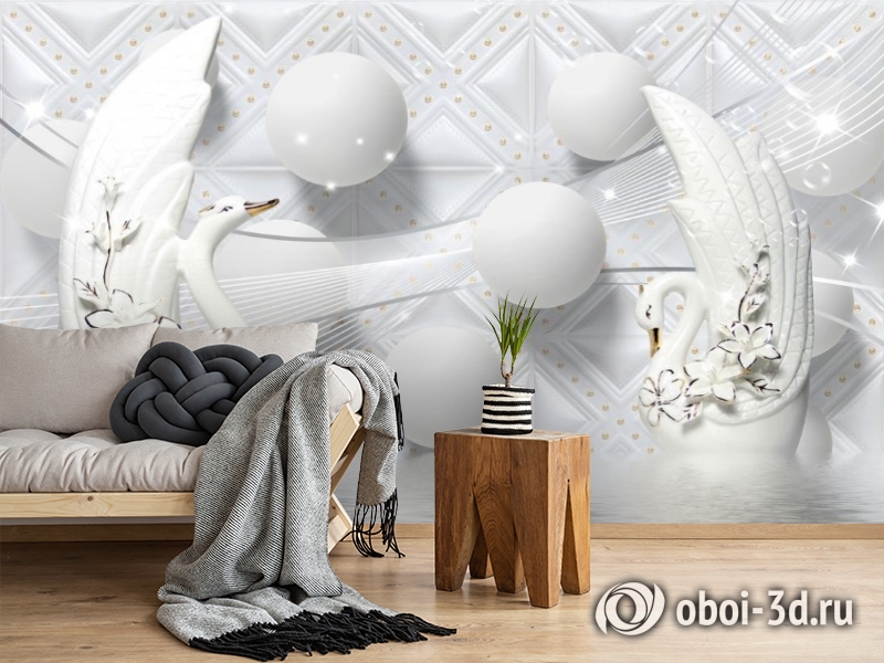 3D Фотообои «Керамические лебеди с белыми шарами» вид 2