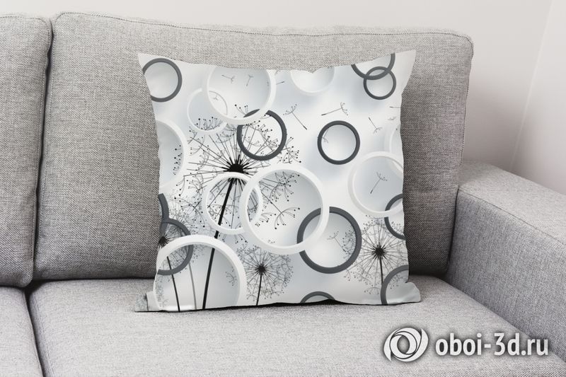 3D Подушка «Черно-белая объемная композиция с одуванчиками» вид 2