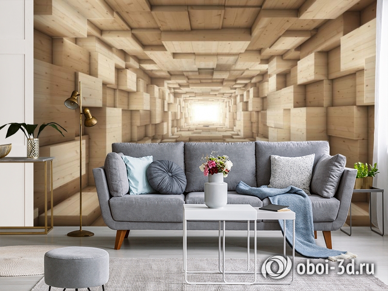 3D Фотообои «Тоннель из деревянных кубов» вид 4