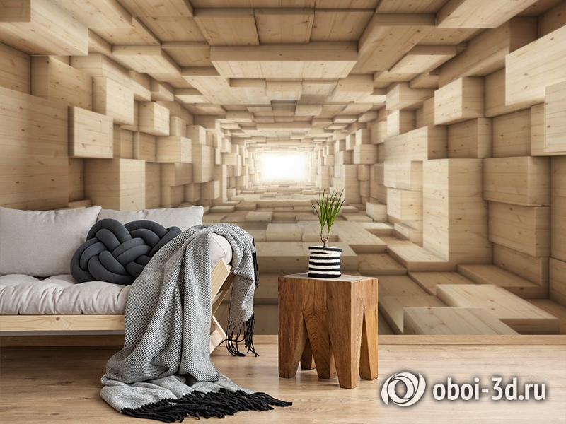 3D Фотообои «Тоннель из деревянных кубов» вид 2