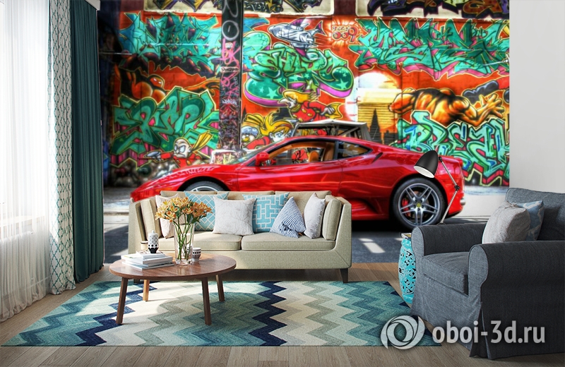 3D Фотообои «Красный автомобиль на фоне граффити» вид 11