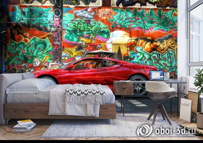 3D Фотообои «Красный автомобиль на фоне граффити» вид 10