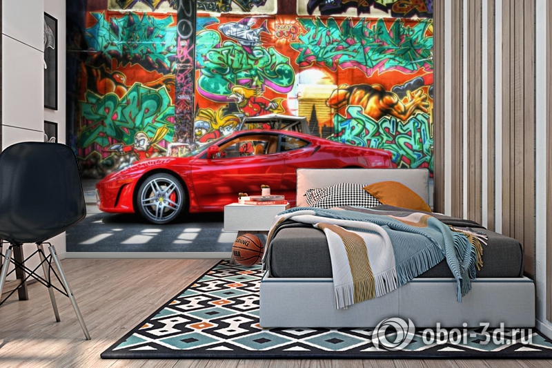 3D Фотообои «Красный автомобиль на фоне граффити» вид 7