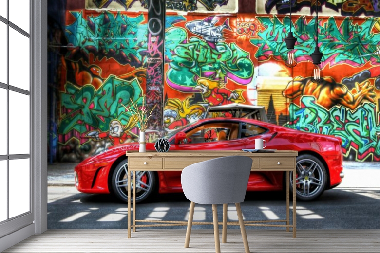 3D Фотообои «Красный автомобиль на фоне граффити» вид 5