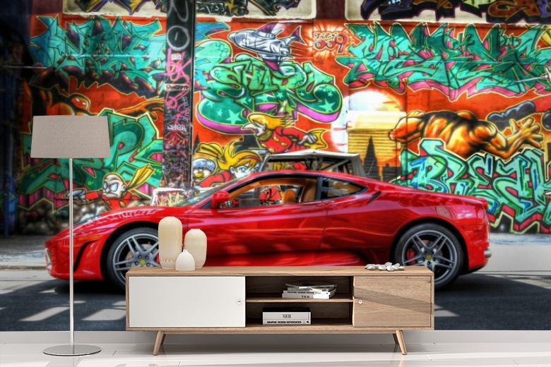 3D Фотообои «Красный автомобиль на фоне граффити» вид 4