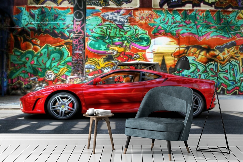 3D Фотообои «Красный автомобиль на фоне граффити» вид 3