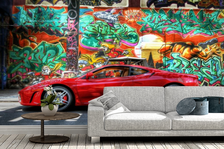 3D Фотообои «Красный автомобиль на фоне граффити» вид 2