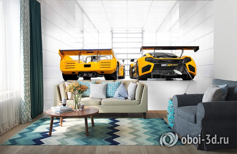 3D Фотообои «Светлый гараж с двумя желтыми спорткарами» вид 11