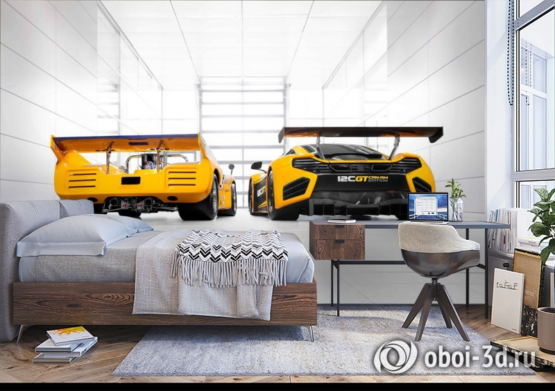 3D Фотообои «Светлый гараж с двумя желтыми спорткарами» вид 10